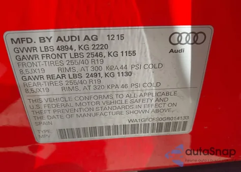 2016 Audi Q3 2.0T Premium Plus z USA, uszkodzony, nr VIN WA1GFCFS0GR014133
